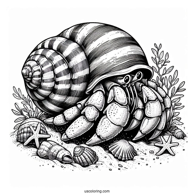 Realistic Hermit Crab Coloring Page On The Beach