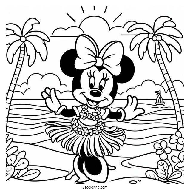 Beach Coloring Page Of Minnie Mouse Dancing The Hula
