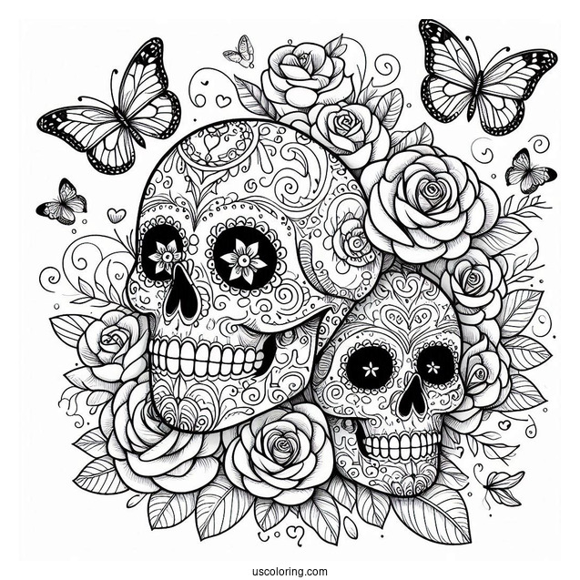 Angled View Of Sugar Skull Coloring Page With Butterflies And Plenty Of Roses