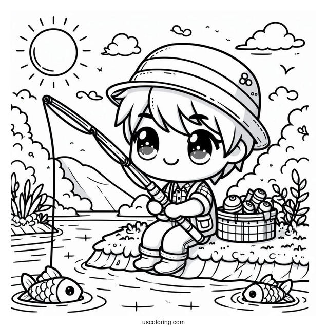 Fishing Coloring Page Of Kawaii Chibi Man Holding Fishing Rod In Front Of River