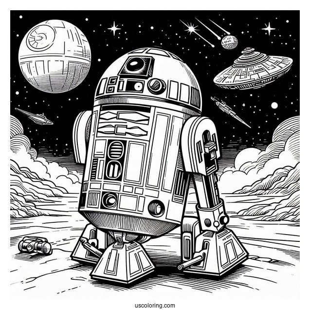 Simple R2-D2 Coloring Page In A Starship