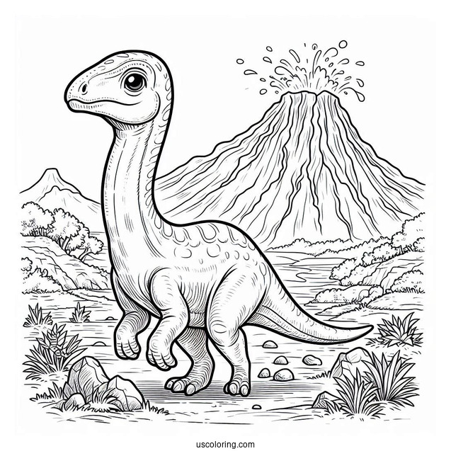 Parasaurolophus Coloring Page Standing In Front Of Volcano