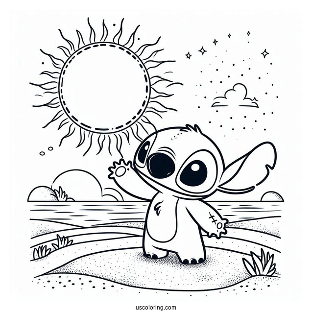 Stitch Standing Under The Sun Coloring Page For Kids