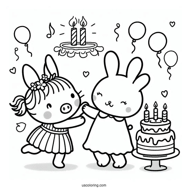 Miffy Coloring Page Of Melanie, And Poppy Pig Dancing In Front Of Birthday Cake