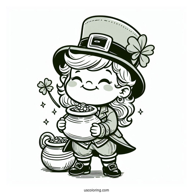 St. Patrick's Day Coloring Page Of Leprechaun Holding A Pot Of Gold For Kids
