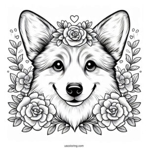 Corgi Coloring Page Face Surrounded By Flowers
