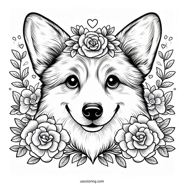 Corgi Coloring Page Face Surrounded By Flowers