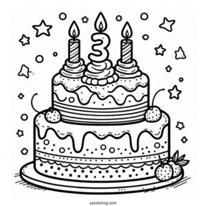 Third Birthday Cake Coloring Page For Preschoolers