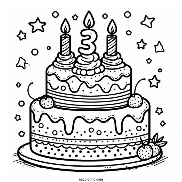 Third Birthday Cake Coloring Page For Preschoolers