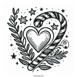 Love Heart Candy Cane Coloring Page With Laurels And Stars