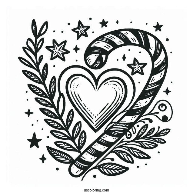 Love Heart Candy Cane Coloring Page With Laurels And Stars