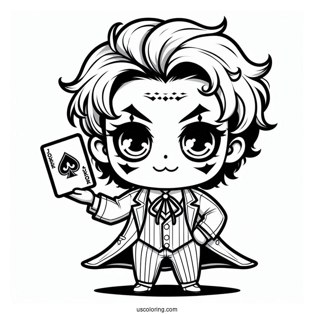 Evil Chibi Joker Coloring Page Holding Up A Joker Card For Kids