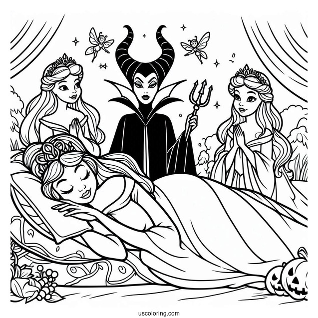 Sleeping Beauty Coloring Page With Maleficent And The Fairy Godmothers