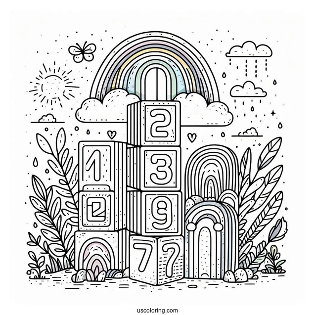 Tall Numberblocks Coloring Page 7 With Rainbows