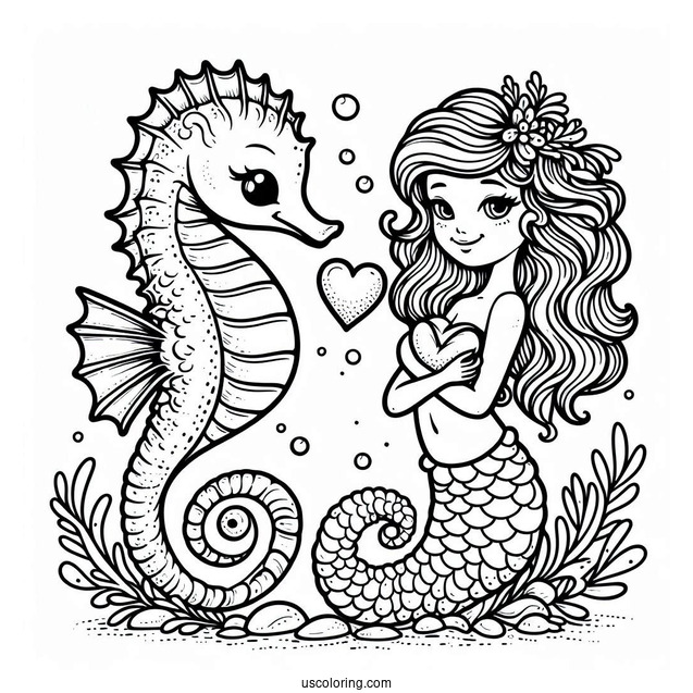 Seahorse And Mermaid With Love Heart To Color