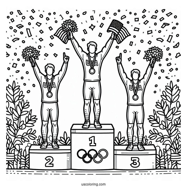USA Olympics Coloring Page Champions On Tri level Podium With Confetti