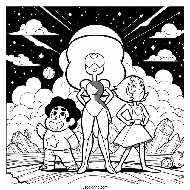 Steven Universe Coloring Page Of Garnet, Amethyst, And Pearl On Cliff with Spinel In The Background