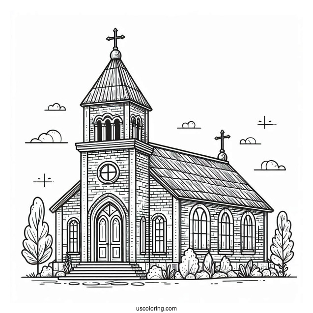 Brick Church Coloring Page Building With Crosses And A Bell Tower