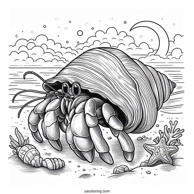 Realistic Hermit Crab Coloring Page On The Beach