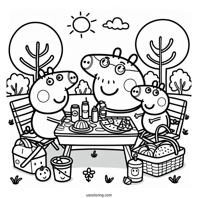 Peppa Pig Family Having A Picnic Coloring Page