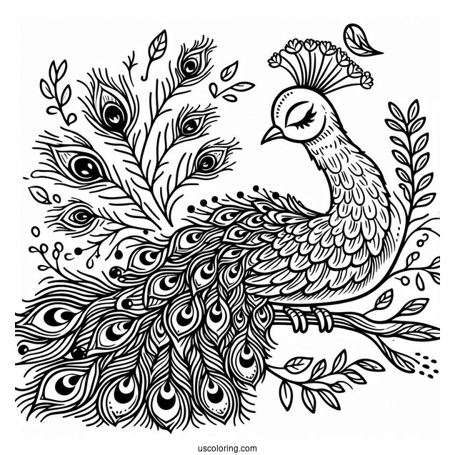 Peacock With Feathers Spread For Coloring