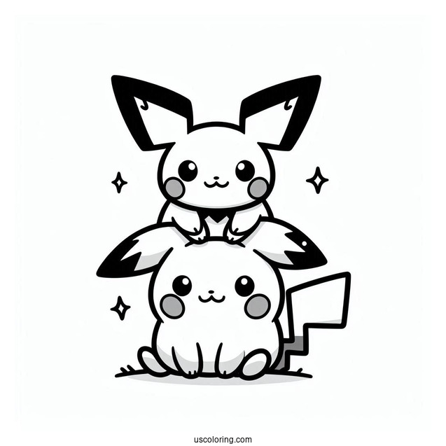 Kawaii Pichu And Pikachu On Top Of Raichu Coloring Page For Kids