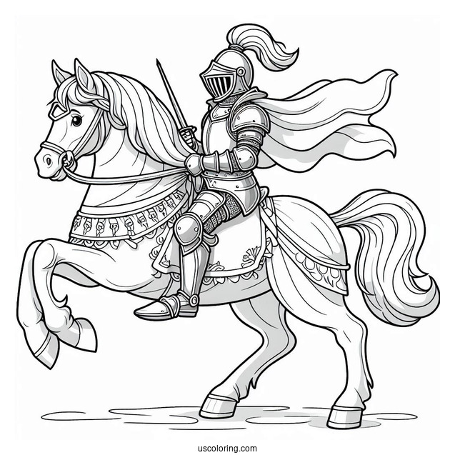 Mighty Knight On A Horse Coloring In For Preschoolers