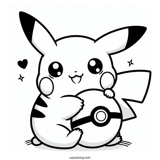 Kawaii Pikachu Hugging A Pokeball Coloring Sheet