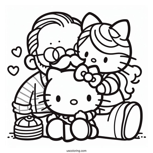 Hello Kitty And Mimmy Hugging George Papa White On Father's Day Coloring Page