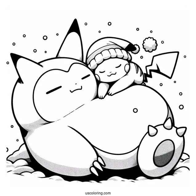 Pikachu Sleeping On Top Of Snorlax Coloring Page In Winter
