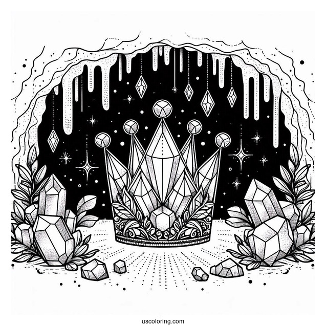 Crystal Crown Coloring Page in a Glittering Gemstone Cave