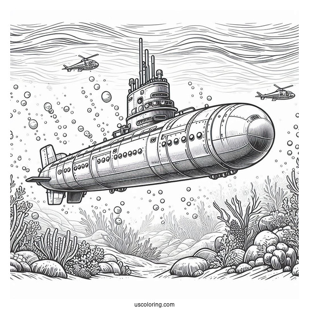 Submarine Coloring Page Of Realistic Submersible Under The Ocean