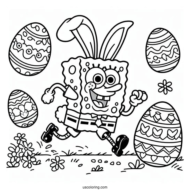 Easter Coloring Page Of SpongeBob In Bunny Costume Running With Easter Eggs