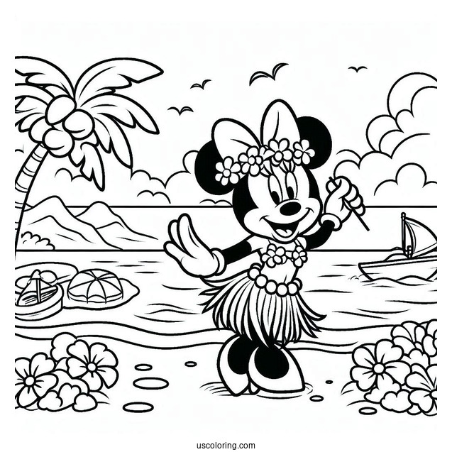 Beach Coloring Page Of Minnie Mouse Dancing The Hula