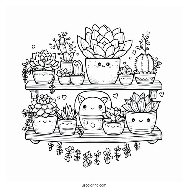 Shelves Full Of Cute Succulent Coloring Page