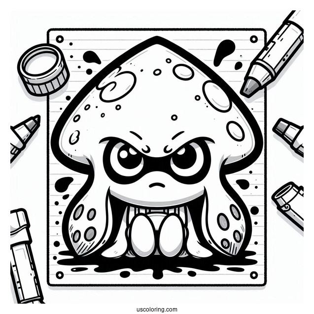 Chibi Splatoon Coloring Page Of Squid With Ink Splatter Poster