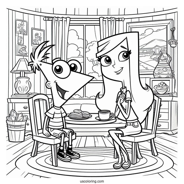 Phineas And Ferb Coloring Page And Candace Sitting In The Living Room