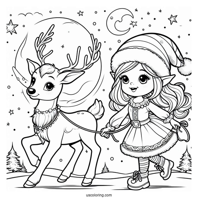 Elf Leading A Reindeer In The North Pole Coloring Page For Kids