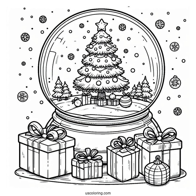 Christmas Tree With Presents Snow Globe Coloring Page