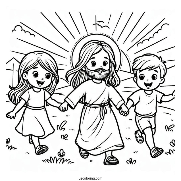 Kids Running To Jesus Coloring Page