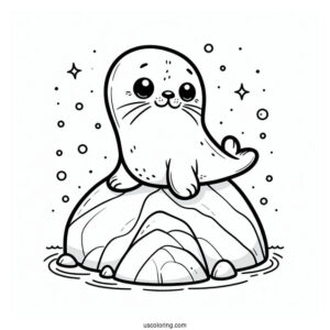 Happy Seal Coloring Page On A Rock For Kids