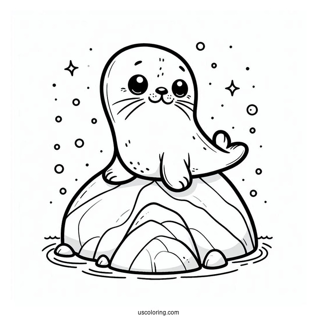 Happy Seal Coloring Page On A Rock For Kids