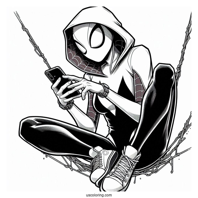 Spider-Gwen Coloring Page Texting While Swinging From A Web