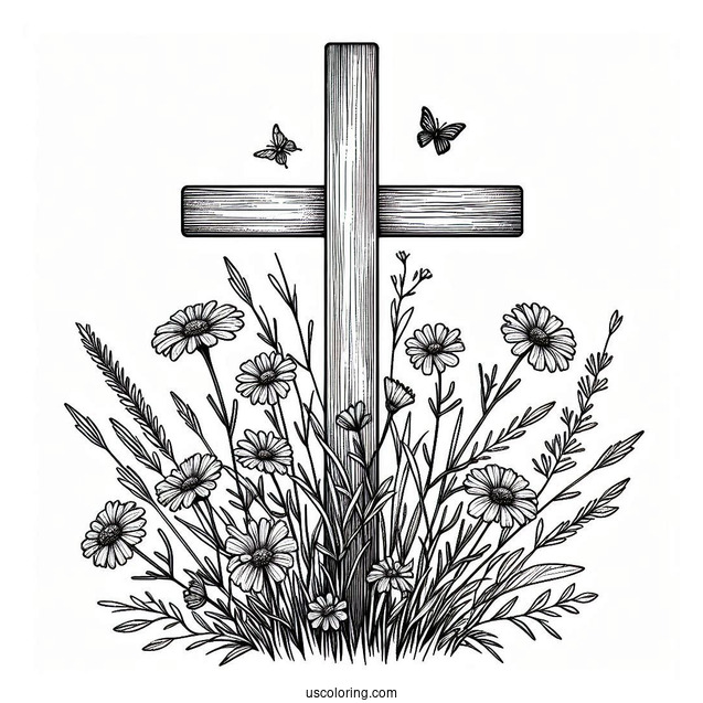 Cross Coloring Page Covered In Wildflowers On A Field