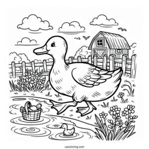 Duck Going To Pond On Farm To Color