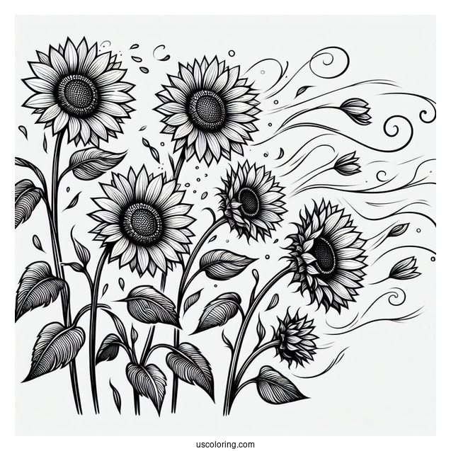 Sunflowers Blowing In The Wind For Coloring