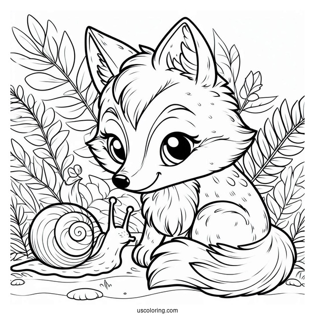Young Fox Coloring Page Watching A Large Snail On A Leaf