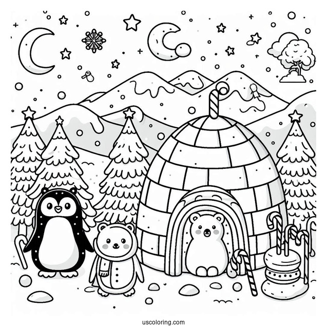 Igloo, Penguins, And Polar Bears In The North Pole Coloring Page For Preschoolers