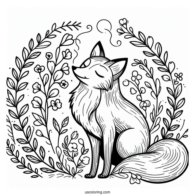 Beautiful Fox Coloring Page Smelling Flowers