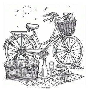 Adult Bicycle Coloring Page Parked Beside Picnic Mat
